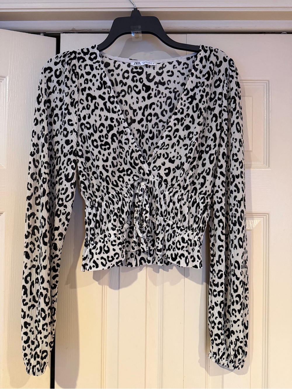 Zara Black and White Leopard-Print Long Sleeve Blouse